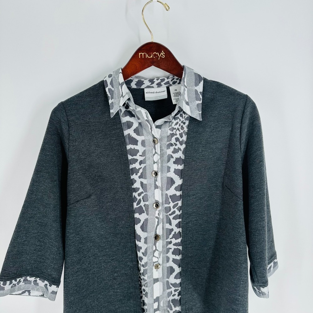Alfred Dunner 3/4 Sleeve‎ Animal Print Detail Blouse Top Heather Gray Size PS